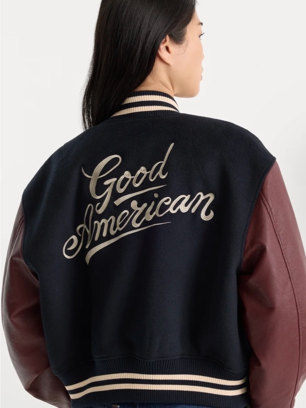 Good American Navy Jacket with Burgundy Leather Sleeves